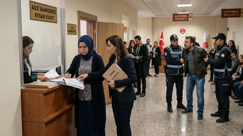 Boşanma davası açma sürecini temsil eden mahkeme ortamı