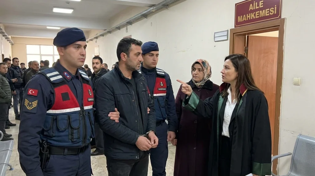 Hayata kast sebebiyle boşanma davasını temsil eden Aile Mahkemesi önünde jandarma eşliğinde şüpheli görüntüsü