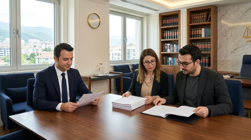 Bursa’daki hukuk bürosunda avukatla anlaşmalı boşanma dilekçesini inceleyen eşler