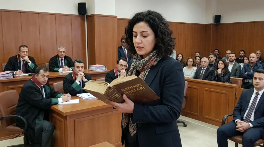 Boşanma davasında kadının haklarını simgeleyen adliye koridorunda kadın ve hukuki dosya illüstrasyonu