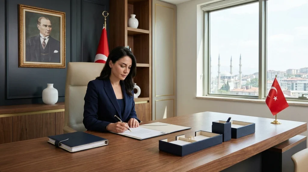 Bursa’daki modern hukuk bürosunda anlaşmalı boşanma avukatının protokolü incelediği çalışma masası