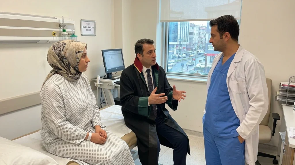 Darp raporu alınması sürecinde hastanede doktor, hasta ve avukatın bulunduğu adli muayene ortamını gösteren görsel.