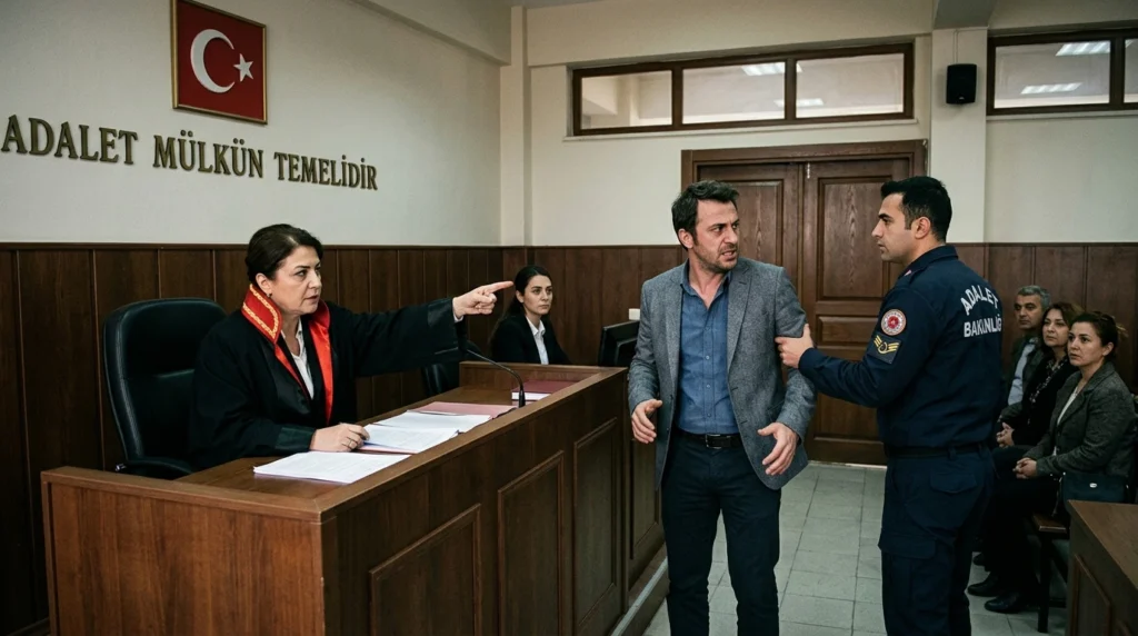 Mahkeme salonunda boşanma davasının reddedilmesini temsil eden görsel