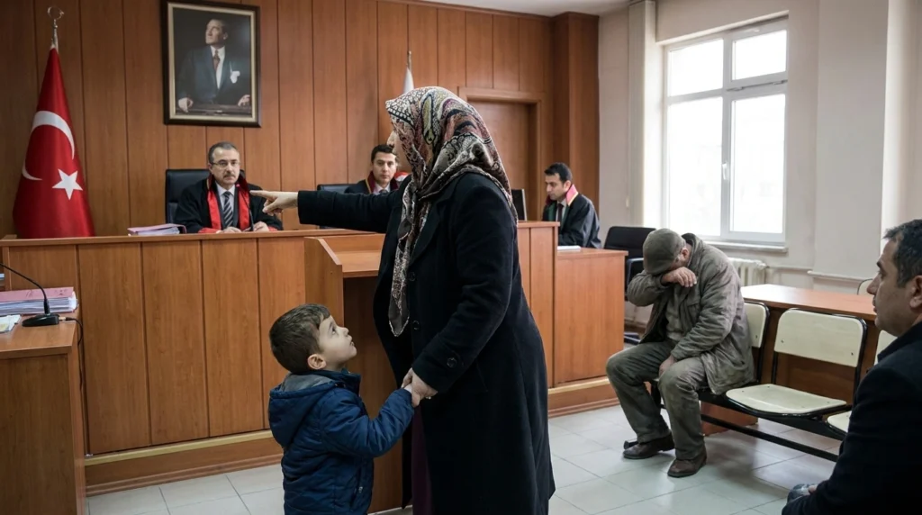 Nafaka davasında mahkemeye başvuran anne ve çocuk 2026