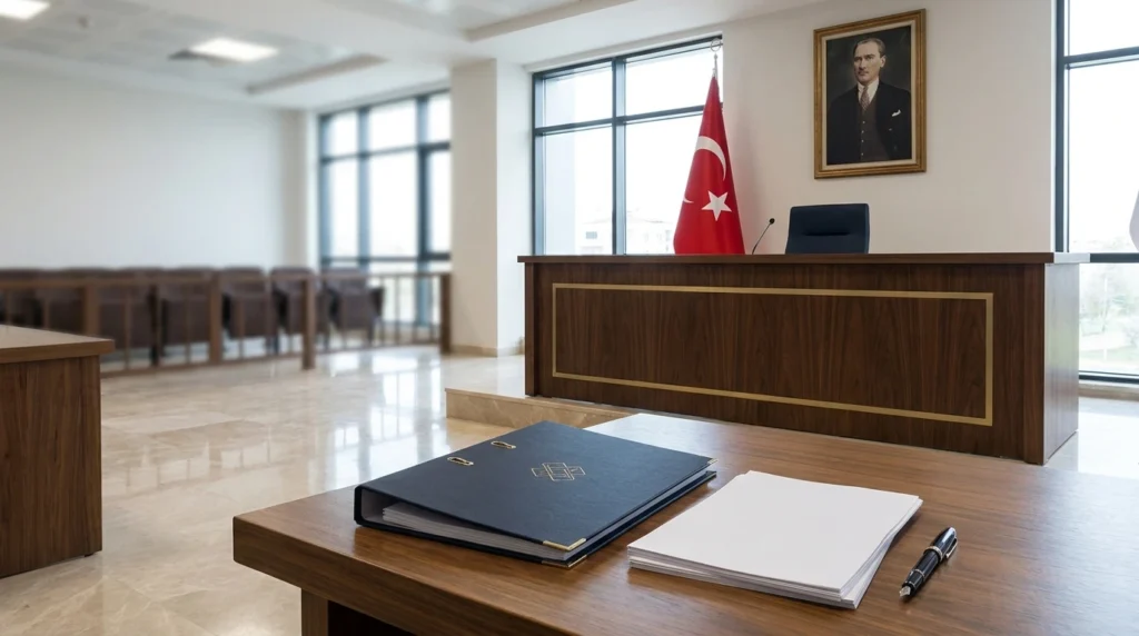Türkiye’de boşanma davası nasıl kazanılır konusunu temsil eden aile mahkemesi dosyası ve modern adliye iç mekânı