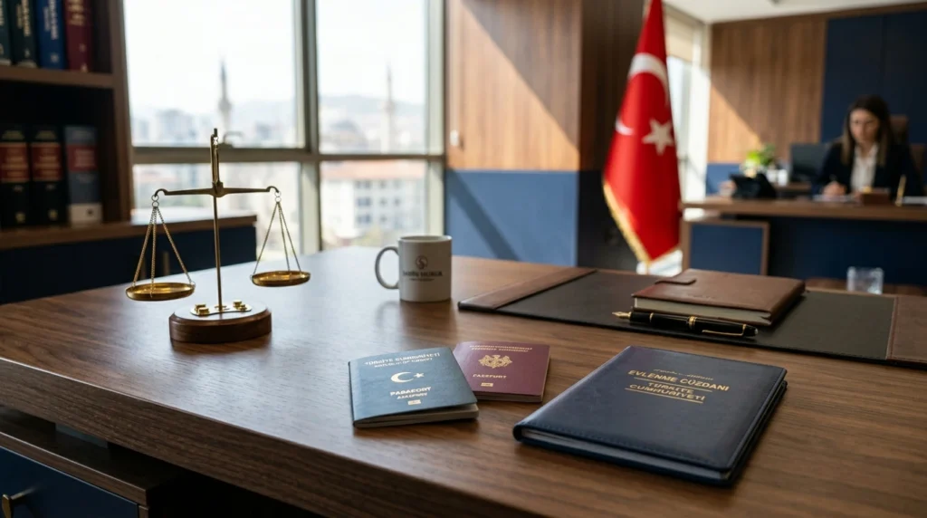 Türkiye’de yabancı uyruklu evlilik ve boşanma sürecini temsil eden pasaport, evlilik belgesi ve hukuk bürosu masası