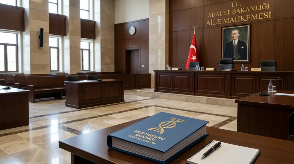 Soybağının reddi davası ve DNA incelemesini temsil eden Türkiye’deki modern aile mahkemesi salonu