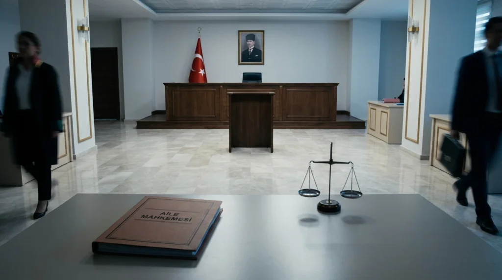 Evlatlık ilişkisinin kaldırılması davasını temsil eden Türkiye’deki modern aile mahkemesi salonu