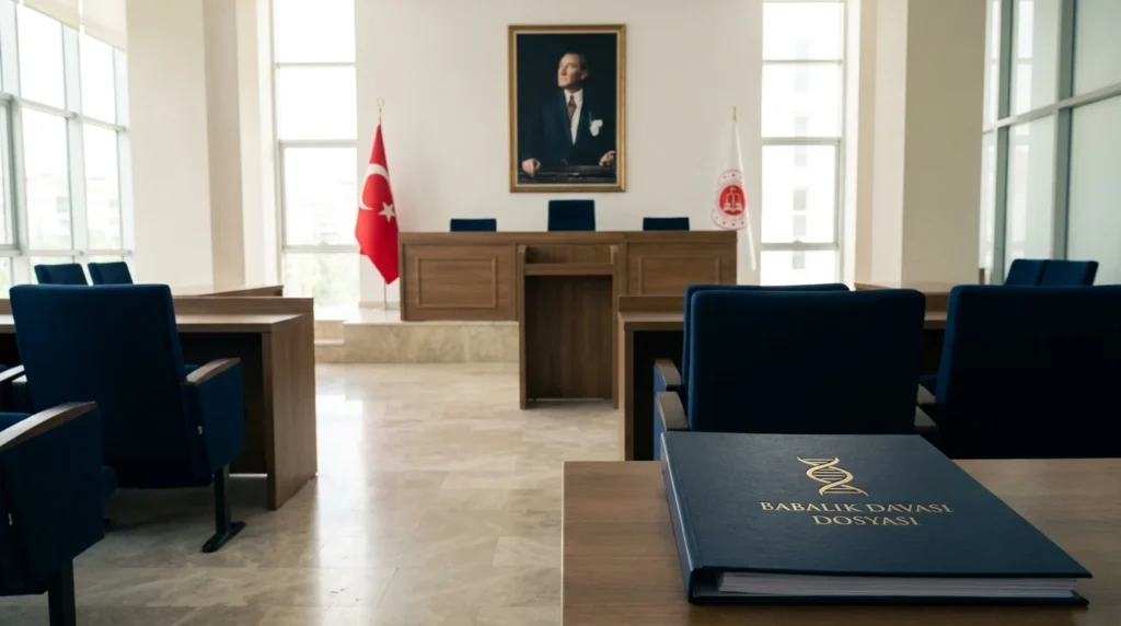 Tanımanın iptali davası ve DNA incelemesini simgeleyen Türkiye’deki modern aile mahkemesi salonu