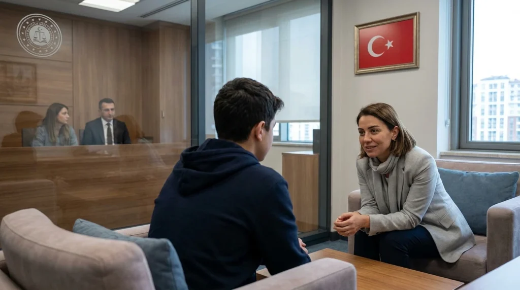 Velayette çocuğun görüşünün alınması için sosyal inceleme görüşmesi yapılan adliye ortamı