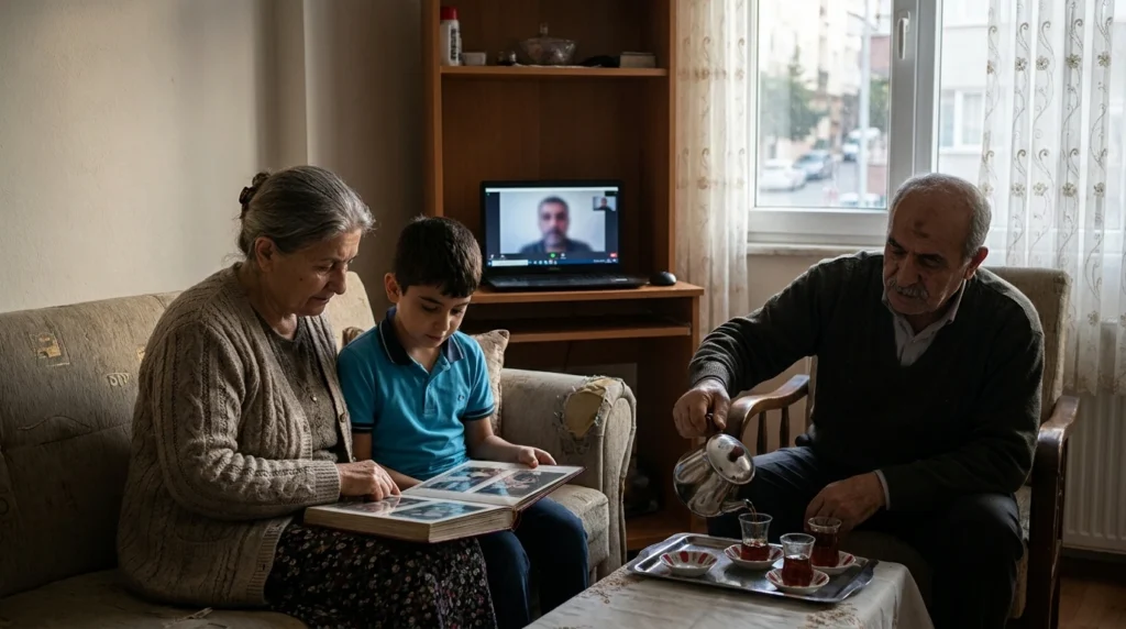 Babası yurt dışında yaşayan çocuk ile babaanne ve dedenin torunla kişisel ilişki talebini temsil eden aile sahnesi