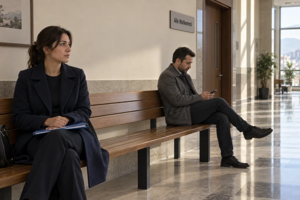Aile mahkemesi koridorunda boşanma davası duruşmasını ayrı ayrı bekleyen kadın ve erkek
