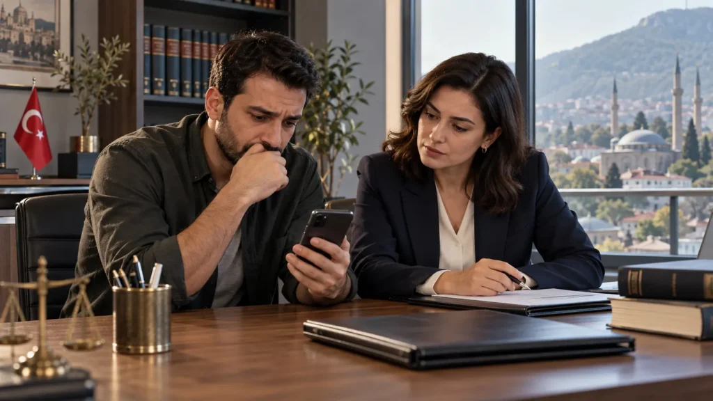 Telefonundaki mesajları avukatıyla inceleyen endişeli kişi