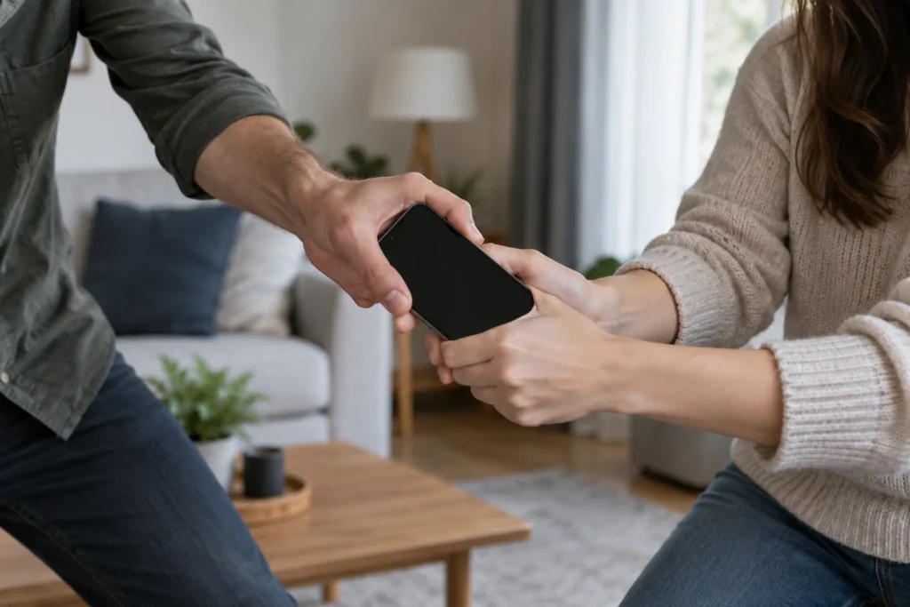 Boşanma uyuşmazlığında eşler arasında zorla alınmaya çalışılan yazısız ekranlı telefon