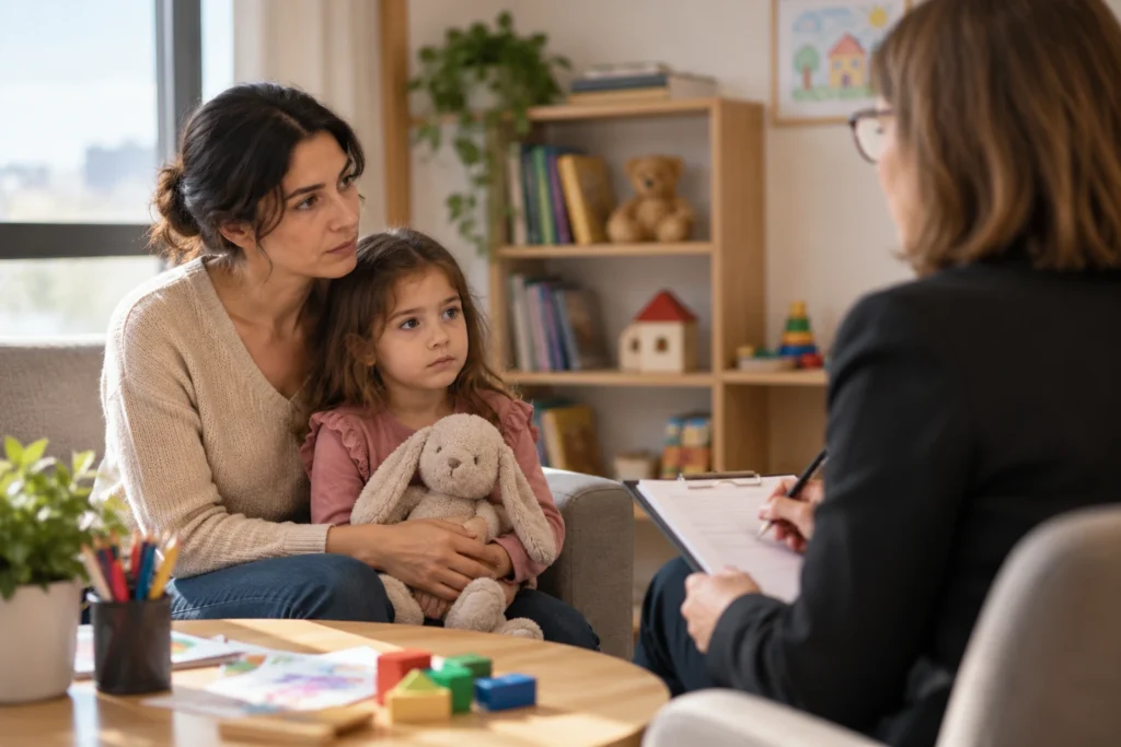 Çocukla kişisel ilişki düzenlemesi için anne, baba ve çocukla ayrı ayrı görüşen uzmanları temsil eden gerçekçi sahne