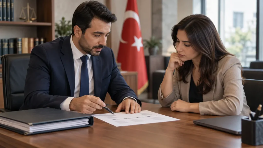 Türk bayrağının bulunduğu hukuk bürosunda avukatıyla belge inceleyen kadın müvekkil