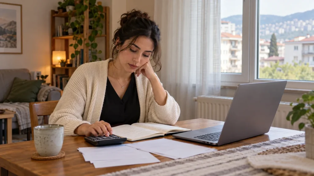 Evindeki masada dizüstü bilgisayar, açık defter ve hesap makinesiyle eğitim ve geçim giderlerini değerlendiren yetişkin bir kadın.