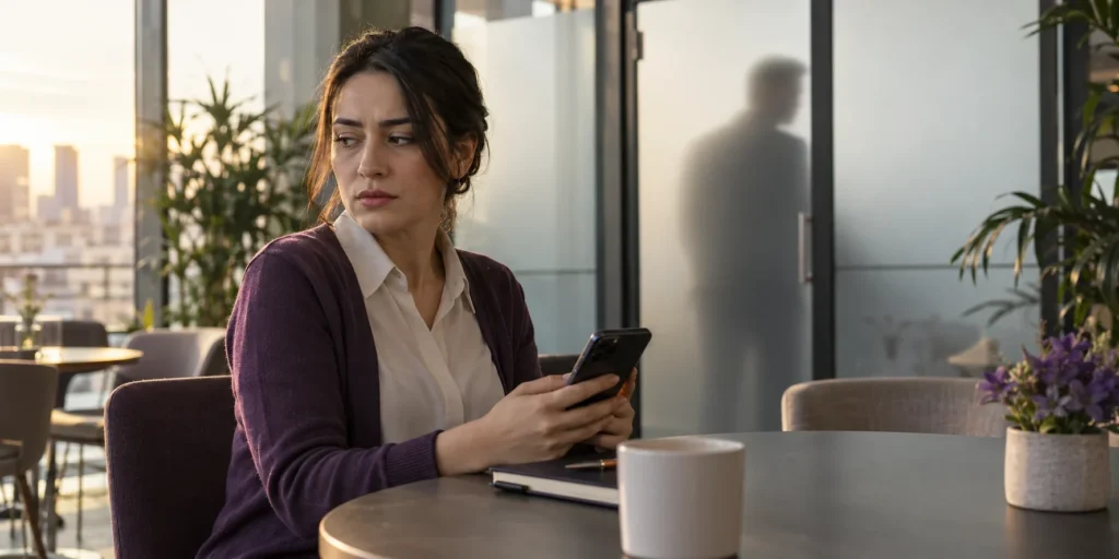 Cinsel taciz konusunu temsil eden sahnede işyerinde telefonunu tutan bir kadın ve camın ardındaki kişi