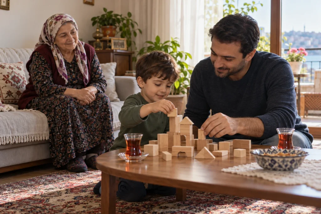Baba ve küçük çocuk Türkiye'deki bir evde sehpa üzerindeki ahşap bloklarla oynuyor; babaanne kanepede oturup onları izliyor. Bu görsel, dosyadaki somut bir olayın fotoğrafı değil, benzer bir bakım ortamını yansıtan temsili bir görseldir.