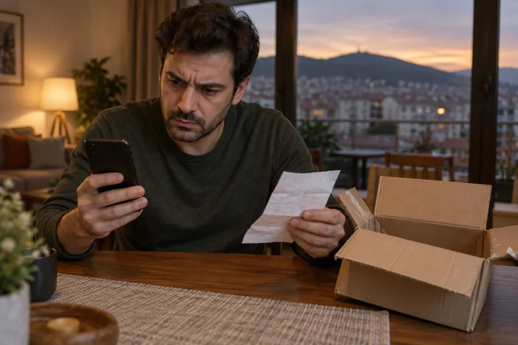 Dolandırıcılık suçu konulu görselde telefonunu ve ödeme belgesini inceleyen kişi.