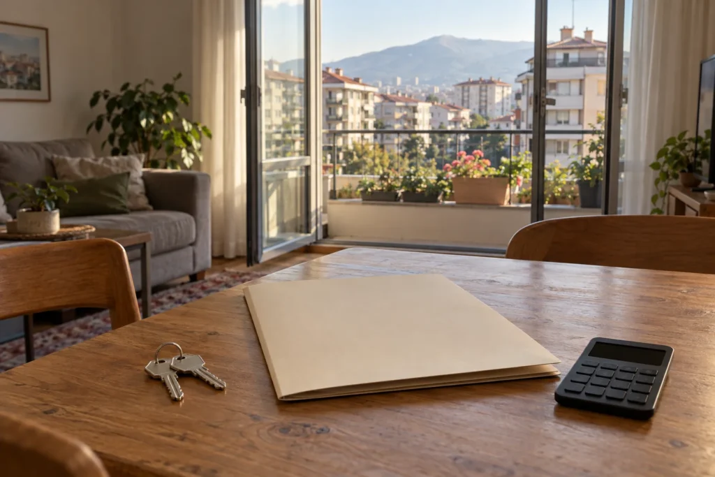 Bursa’daki bir apartman dairesinde masada duran anahtarlar, boş dosya ve hesap makinesi