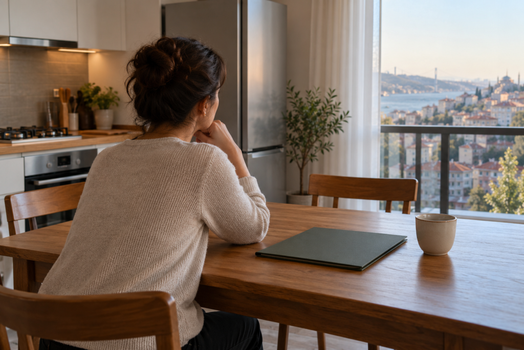 Mütevazı bir evde geçim giderlerini değerlendiren yetişkin kadının temsili görünümü