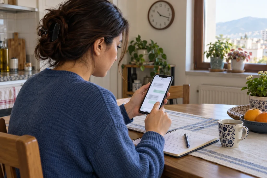 Evindeki masada telefon mesajlarını inceleyen, önünde not defteri bulunan kadın