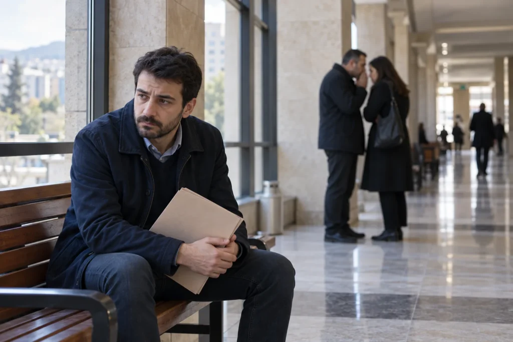 İftira suçu nedeniyle adliye koridorunda dosyasıyla bekleyen kişi