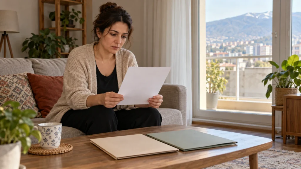 Bir kadın, evinin oturma odasında sehpadaki iki dosyanın yanında boşanma sürecine hazırlık yaparken elindeki kâğıdı inceliyor.