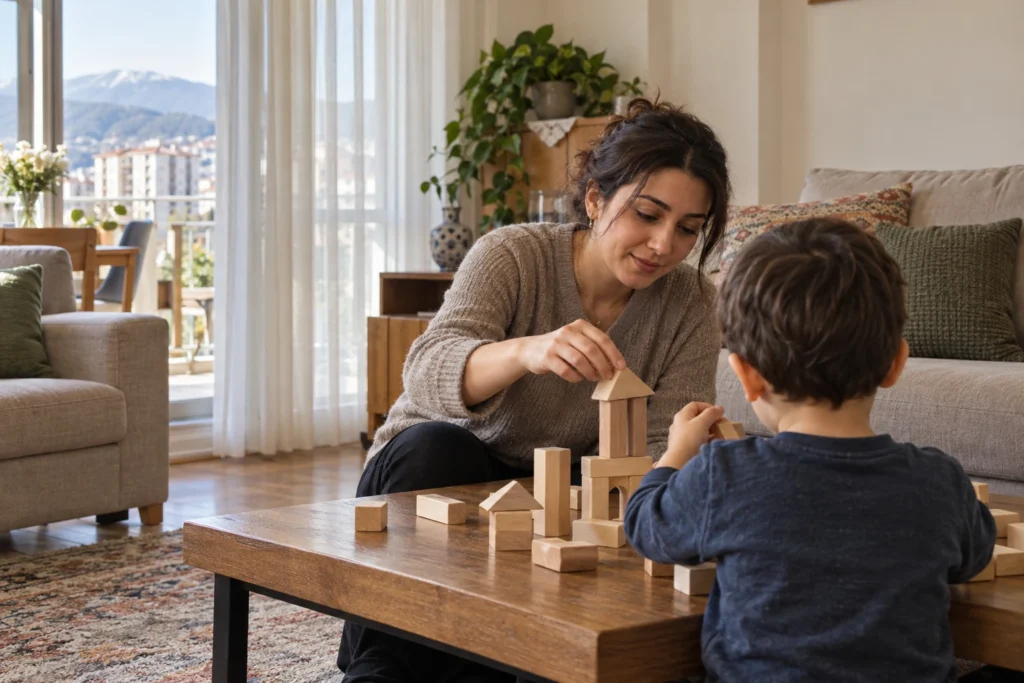 Ev ortamında bir kadın ve çocuk ahşap bloklarla birlikte oynuyor.