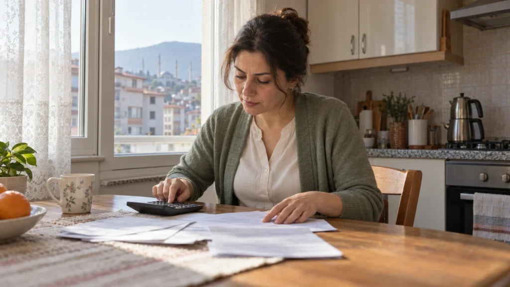 Nafakanın yıllık artışını hesaplamak için mutfak masasında belgeleri inceleyip hesap makinesi kullanan yetişkin bir kadın.