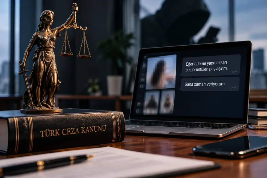 Türk Ceza Kanunu kitabı üzerindeki adalet heykeli ve bilgisayar ekranında şantaj içerikli tehdit mesajları