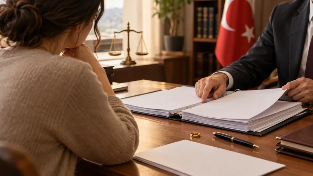 Suç işleme ve haysiyetsiz hayat sürme sebebiyle boşanma dosyasını aile hukuku bürosunda inceleyen müvekkil ve avukat