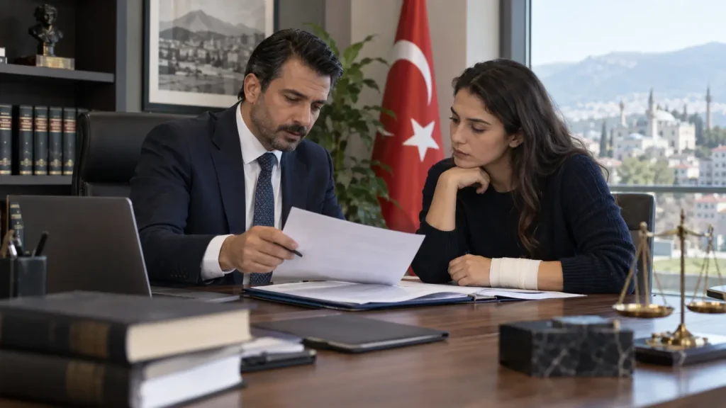 Hukuk bürosunda avukatla kaza belgelerini inceleyen bileği bandajlı kadın